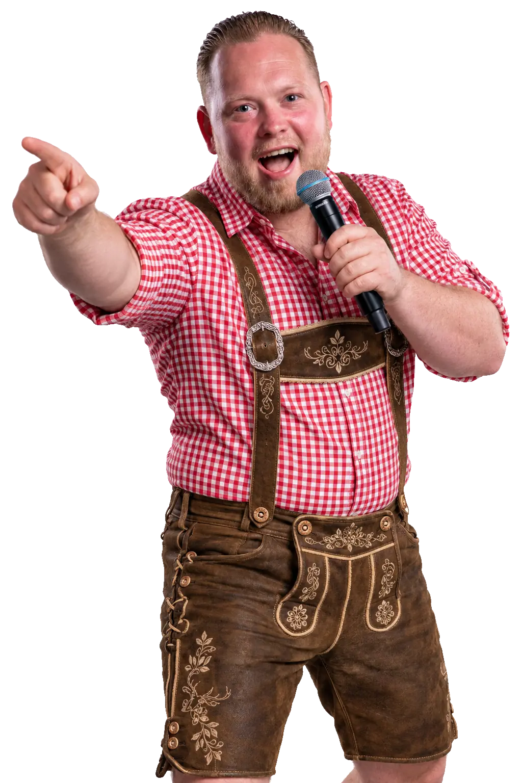 Kevin Froger in après-skikleding met een microfoon