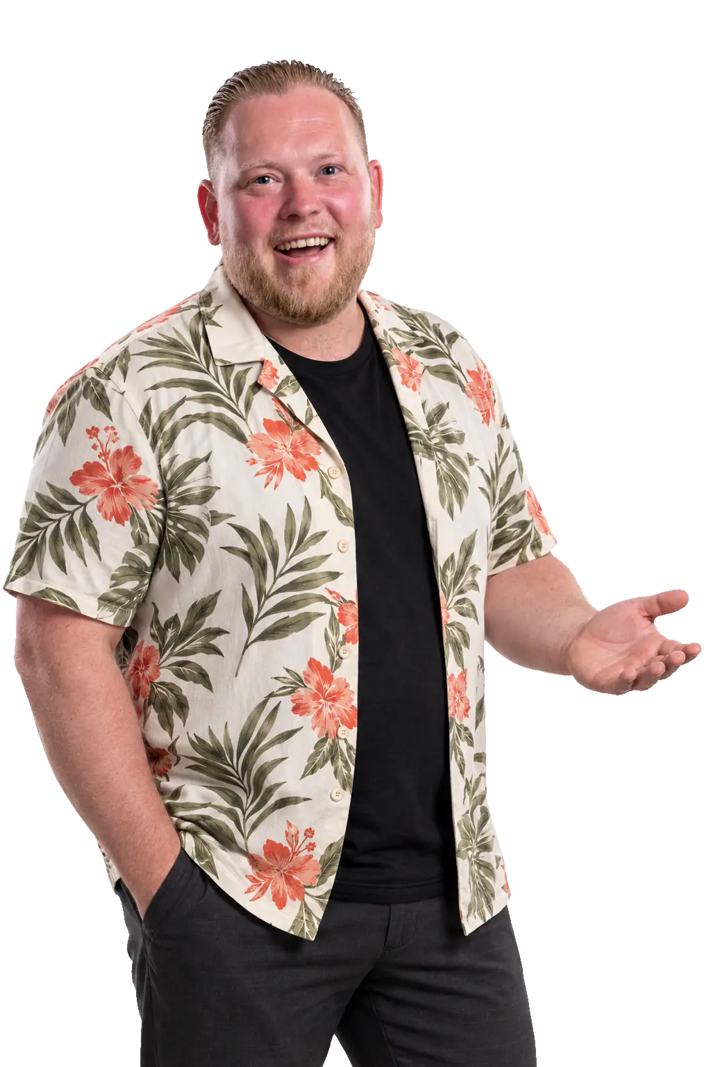 Kevin Froger lachend in een zomers overhemd
